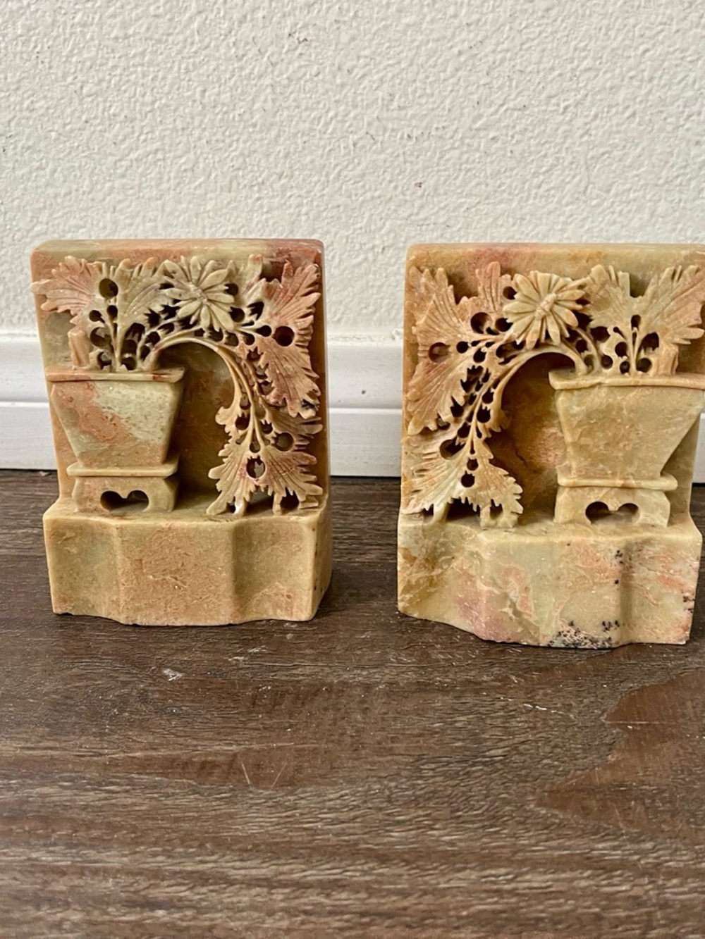 Hand Carved Floral Stone Bookends - Pink & Cream Marble